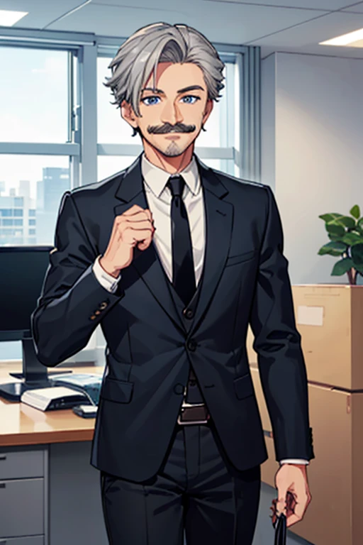 (((pixel-perfect, detail-perfect))), solo, 1boy, Samuel King(criminal case), gray hair, blue eyes, moustache gray, jacket black, black tie, long sleeves, black pants, belts, smile, office