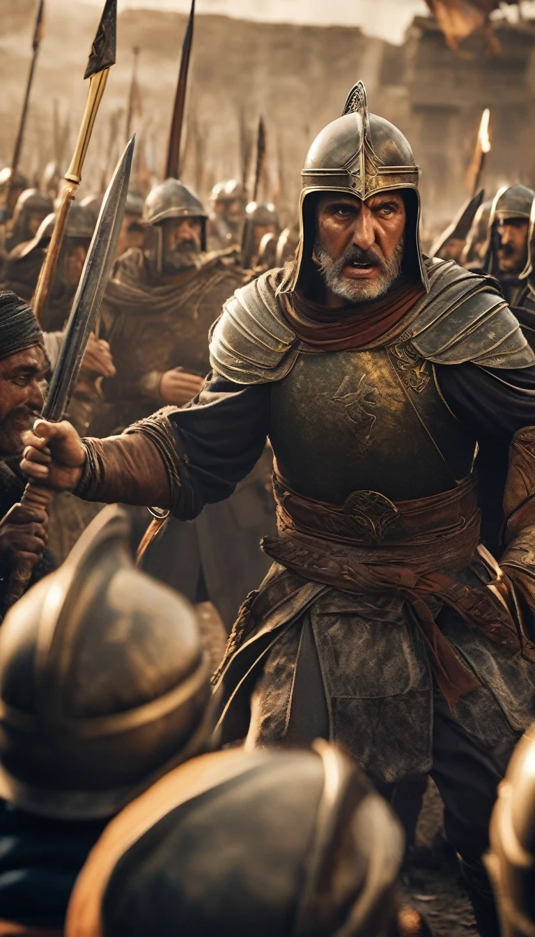 An intense moment capturing the pivotal turning point of the battle, with the Greeks rallying against the Persian onslaught, detailed face, detailed face expressions, natural face expressions, face in detail, asymmetrical faced, fair and smooth skin, detailed hands, detailed fingers, masterpiece, cinematic lighting, physically based rendering, lens flare, award winning rendering, perfect rendering detail, 8K, realism, detailed background, everything in detail, cinematic shot, dynamic lighting, 75mm, Technicolor, Panavision, cinemascope, fine details, 8k, HDR, realism, realistic, key visual, film still, superb cinematic color grading, depth of field,