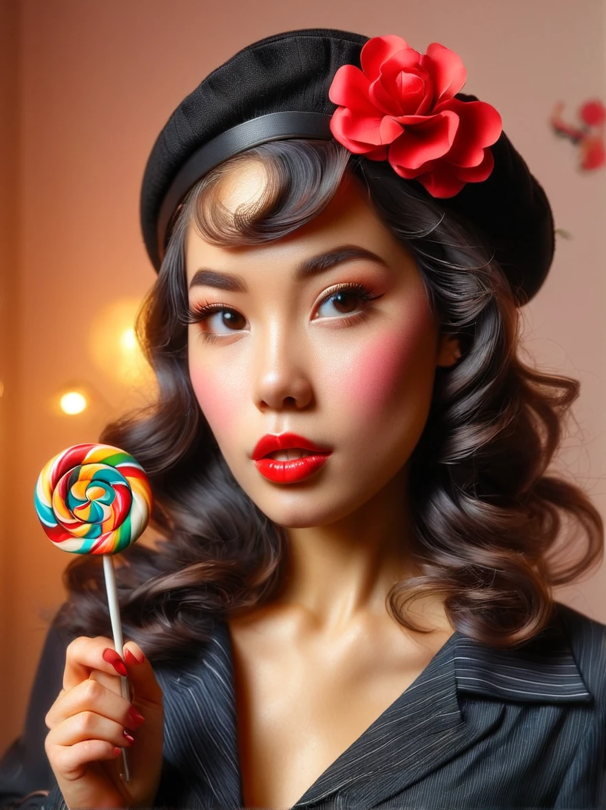 portrait，close up，A young Hispanic woman dressed in pin-up style clothing，Wear a beret on the head，Standing in the foreground with a lollipop in hand。Photos should be warm、Soft lighting captures the essence of women，Inspired by photographs by artists before 1912，These photos emphasize realistic skin details，Include textures、Pores and other typical imperfections of human skin。Use a wide aperture portrait lens，Achieve soft blur effects，With clear focus on the eyes and lips。The overall style of the photo should be retro and nostalgic，Bright and delicate colors。Capture flirting and playful gestures in female facial expressions，To highlight its charming personality。Fujifilm GFX100，85mm Portrait Lens，f/1.4，Soft lighting with gold reflectors，Retro nostalgic photography style，Pin-up girl charm。