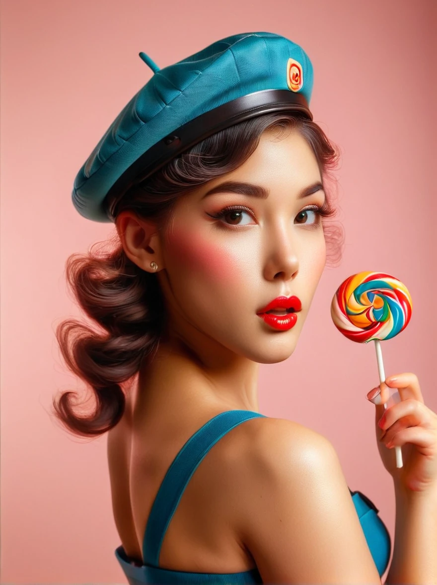 portrait，close up，A young Hispanic woman dressed in pin-up style clothing，Wear a beret on the head，Standing in the foreground with a lollipop in hand。Photos should be warm、Soft lighting captures the essence of women，Inspired by photographs by artists before 1912，These photos emphasize realistic skin details，Include textures、Pores and other typical imperfections of human skin。Use a wide aperture portrait lens，Achieve soft blur effects，With clear focus on the eyes and lips。The overall style of the photo should be retro and nostalgic，Bright and delicate colors。Capture flirting and playful gestures in female facial expressions，To highlight its charming personality。Fujifilm GFX100，85mm Portrait Lens，f/1.4，Soft lighting with gold reflectors，Retro nostalgic photography style，Pin-up girl charm。