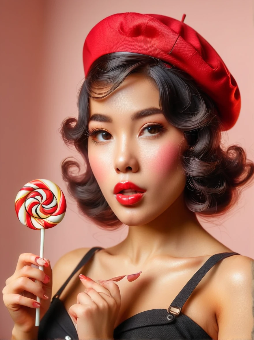 portrait，close up，A young Hispanic woman dressed in pin-up style clothing，Wear a beret on the head，Standing in the foreground with a lollipop in hand。Photos should be warm、Soft lighting captures the essence of women，Inspired by photographs by artists before 1912，These photos emphasize realistic skin details，Include textures、Pores and other typical imperfections of human skin。Use a wide aperture portrait lens，Achieve soft blur effects，With clear focus on the eyes and lips。The overall style of the photo should be retro and nostalgic，Bright and delicate colors。Capture flirting and playful gestures in female facial expressions，To highlight its charming personality。Fujifilm GFX100，85mm Portrait Lens，f/1.4，Soft lighting with gold reflectors，Retro nostalgic photography style，Pin-up girl charm。