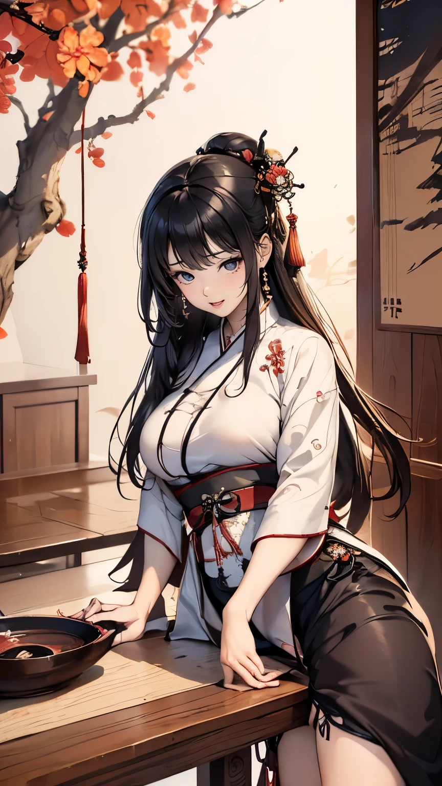 ((Chinese traditional ink image, hanfu, hanging scroll)), eyes realistic sizing, drooping eyes, smiling, spread legs, (((hit her crotch against the table corner for masturbation, orgasm))), old fashion,