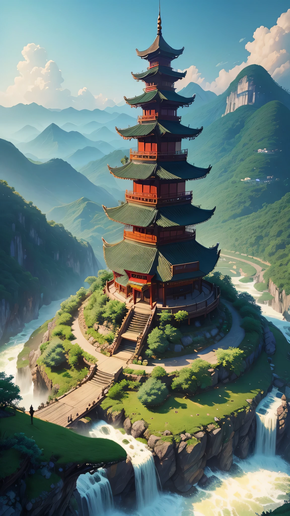 2. Mountain view with waterfall and pagoda in the middle, painted scene by Han Gan, winner of cg society competition, fantasy art, dreamy Chinese town, Chinese landscape, Chinese fantasy, made of trees and fantasy valley, ancient city view, order Impressive fantasy landscape, most epic landscape, pagoda on hill, mountainous jungle environment, avatar landscape, chinese village.