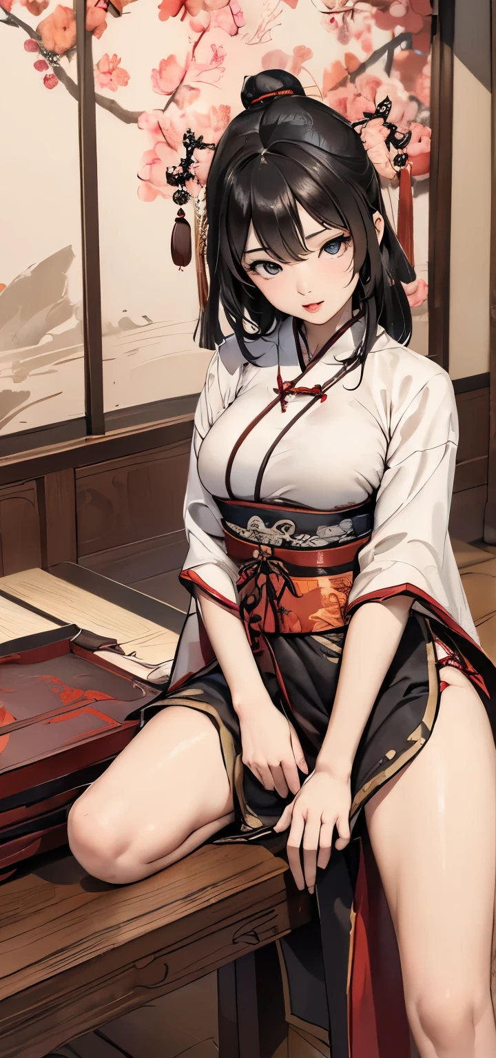 ((Chinese traditional ink image, hanfu, hanging scroll)), eyes realistic sizing, drooping eyes, smiling, spread legs, (((hit her crotch against the table corner for masturbation, orgasm))), old fashion,