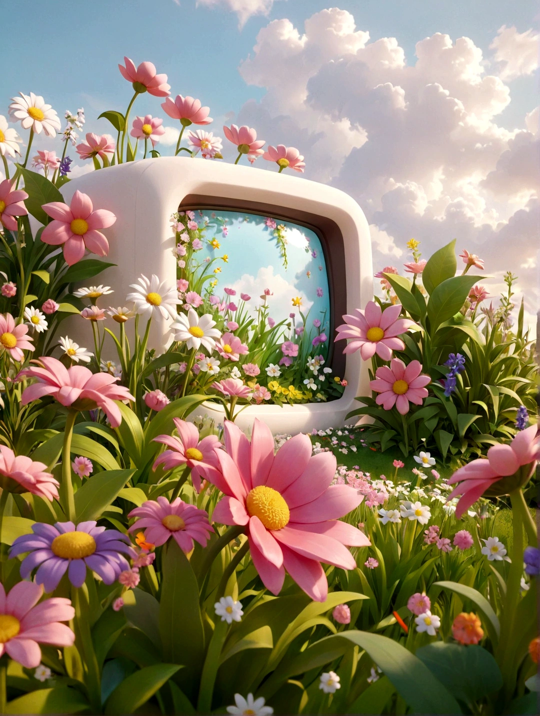 Flowers grow out of white，There are flowers and plants all around，Rendered in Cinema4D style and clay sculpture style，Kawaii aesthetics，Spring Garden，Bright colors，With a dreamy atmosphere，Blooming colors in bright sunlight，Virtual Reality， Fantasy World