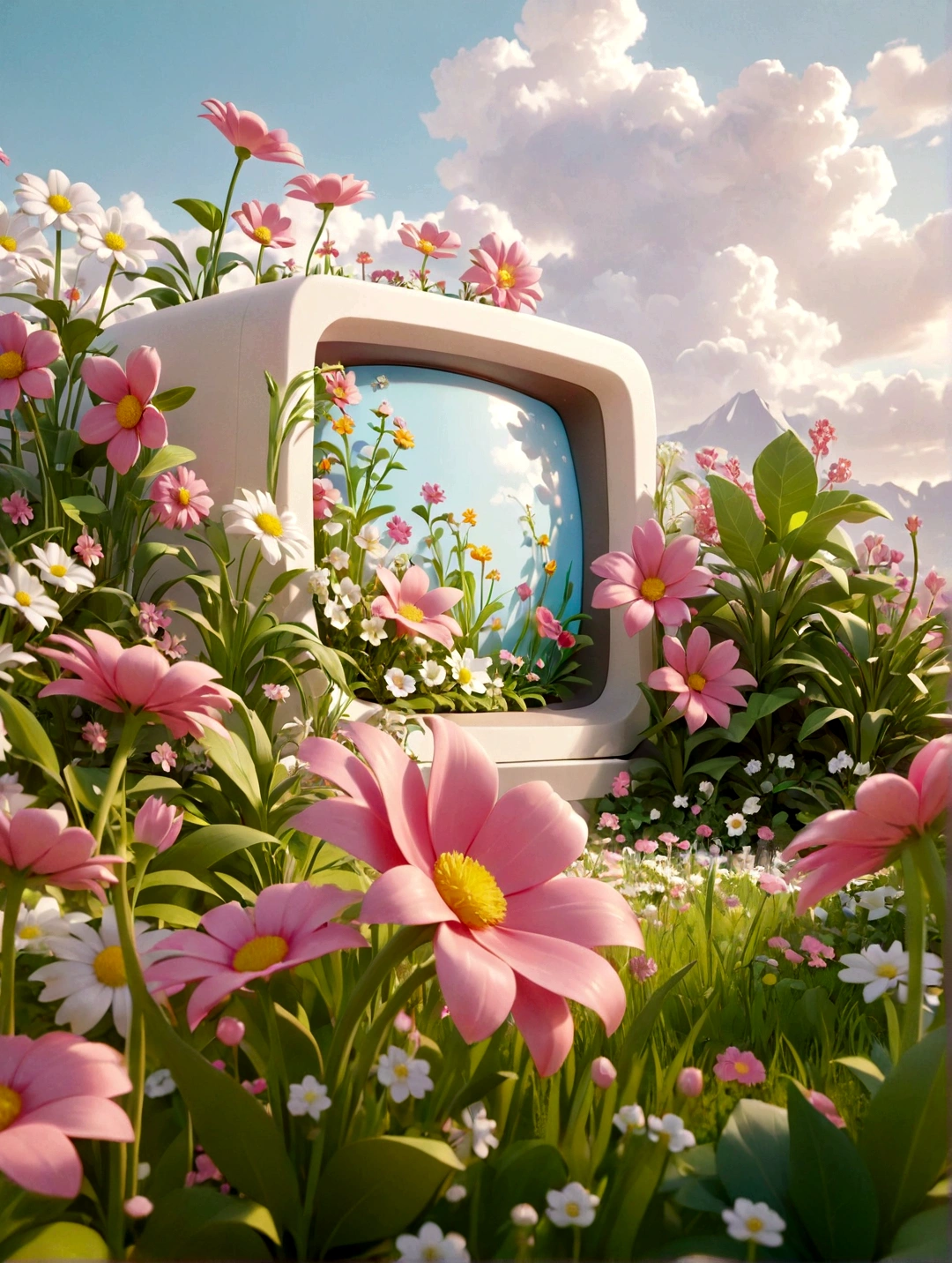 Flowers grow out of white,There are flowers and plants all around,Rendered in Cinema4D style and clay sculpture style,Kawaii aesthetics,Spring Garden,Bright colors,With a dreamy atmosphere,Blooming colors in bright sunlight,Virtual Reality, Fantasy World