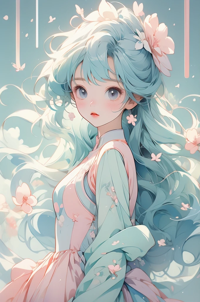 (pastel colour:1.2)、(Cute illustrations:1.2)、(pretty girl)、Floating、Future World、Flower Bodysuit、ultra precise detailed、fluffy