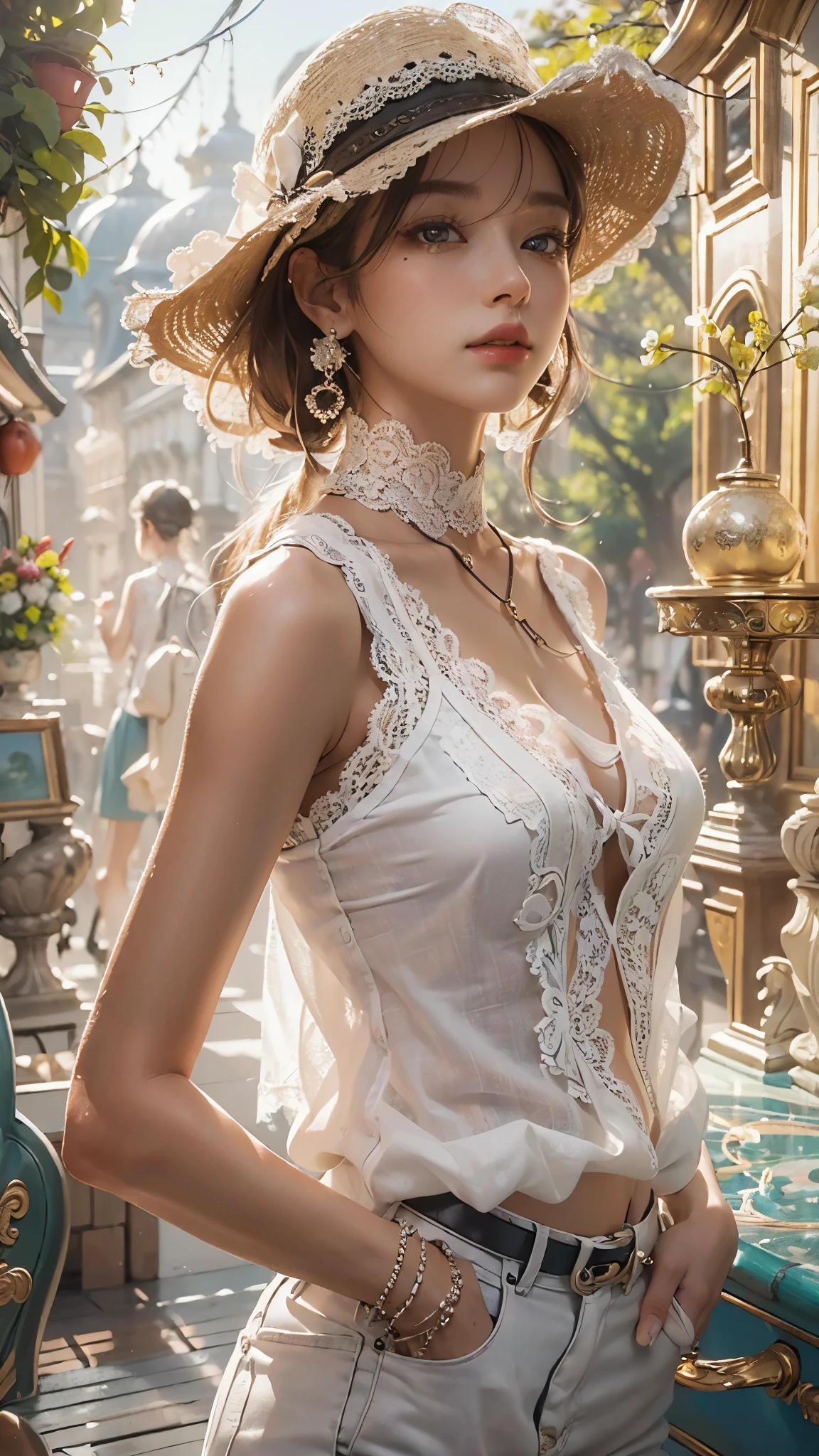 ((highest quality)),(Ultra-high resolution),(Very detailed),(Detailed Description),((The best CG)),(A masterpiece),Ultra-detailed art,Amazing drawing art,(Art with precise detail:1.5), (A woman wearing a white sleeveless blouse with lace:1.4),Lace choker:1.4,Earrings,Straight pants:1.4,Stylish brim hat:1.3, Sunny European cityscape:1.6