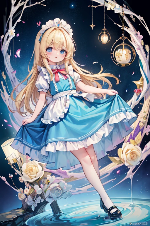 (Official Art、highest quality、Unity 8k wallpaper、32k、masterpiece、Ultra-detailed、超A high resolution)、Fantasy、((Alice in Wonderland))、One female, 、Blonde、Long Hair、Blue colored eyes、Blue Apron Dress、Trump&#39;s Soldiers、Rabbit with a watch