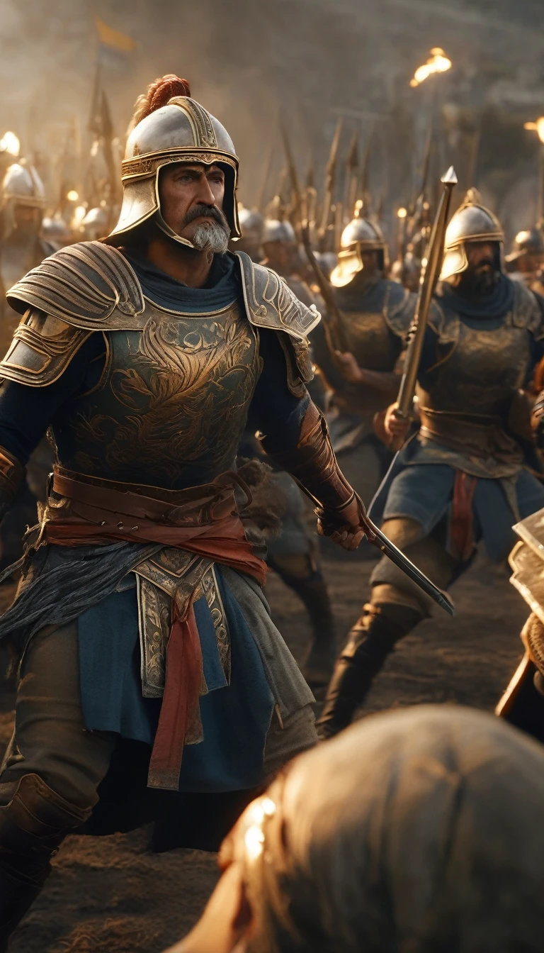 An intense moment capturing the pivotal turning point of the battle, with the Greeks rallying against the Persian onslaught, detailed face, detailed face expressions, natural face expressions, face in detail, asymmetrical faced, fair and smooth skin, detailed hands, detailed fingers, masterpiece, cinematic lighting, physically based rendering, lens flare, award winning rendering, perfect rendering detail, 8K, realism, detailed background, everything in detail, cinematic shot, dynamic lighting, 75mm, Technicolor, Panavision, cinemascope, fine details, 8k, HDR, realism, realistic, key visual, film still, superb cinematic color grading, depth of field,