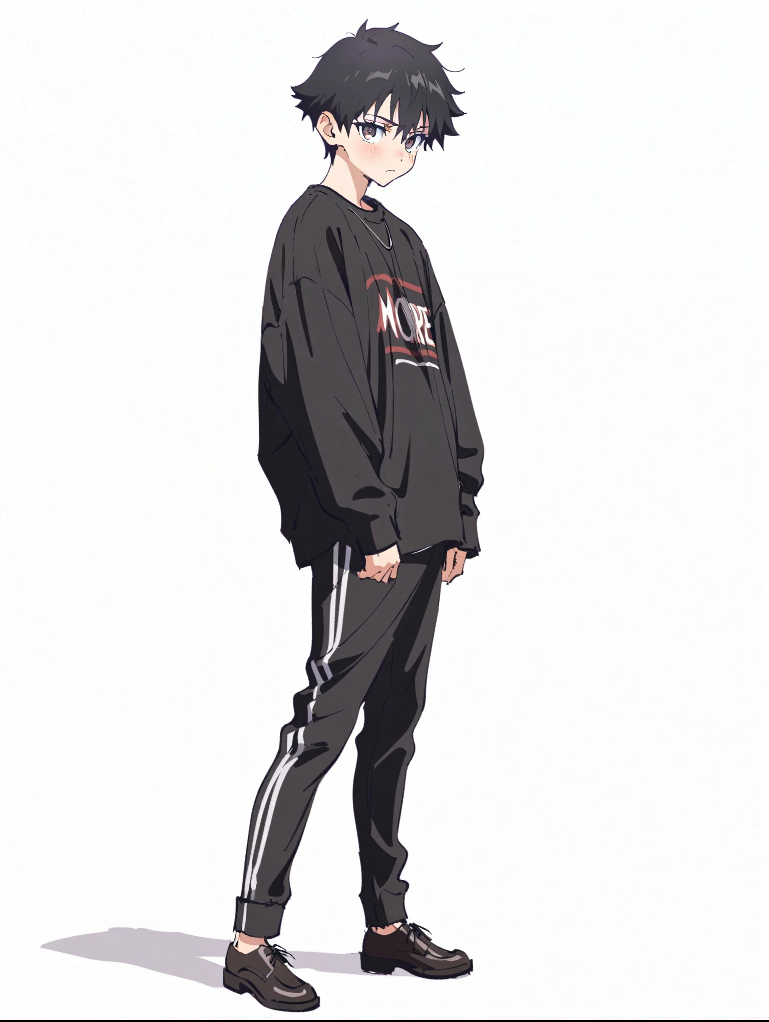 {{{Sincos (Sincos), full body, male character}}} 1 boy, solo, black hair, short hair, bluse eyes, more boyish, looking at viewer, modern style clothes, blank background, white background.