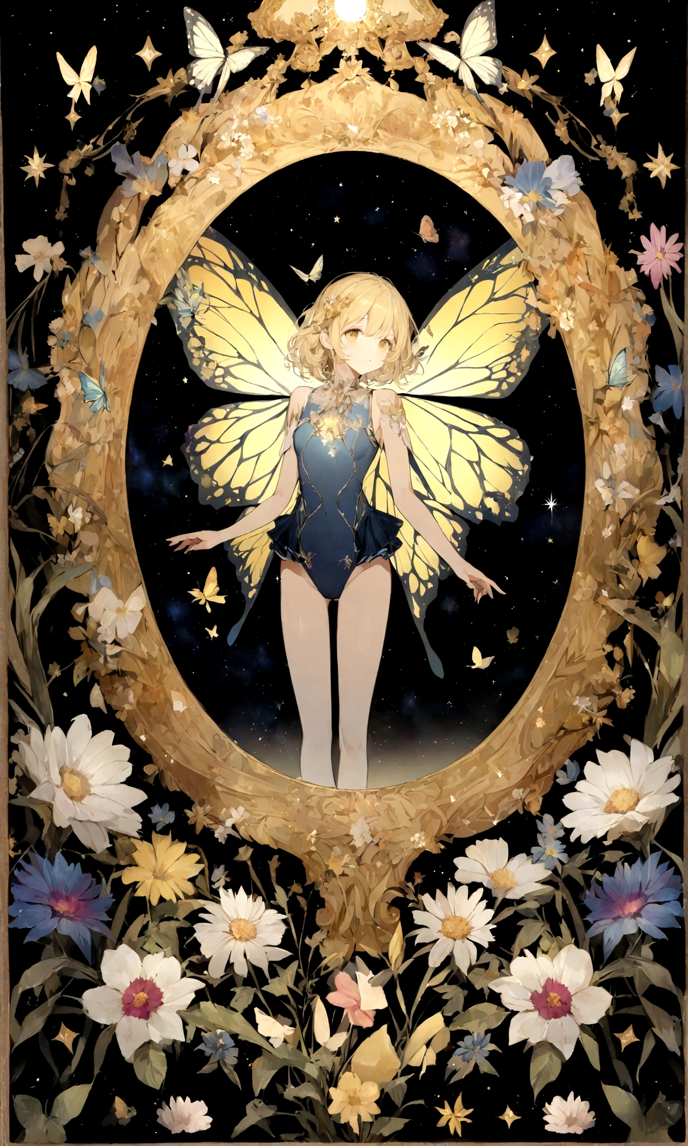 Mirror, mirror with a gold and a crystal frame, butterflies, flowers, nebula, galaxy, stars, astronomy, cosmos, night sky, darkness, bright stars, ad astra, Cute, beautiful, butterfly wings on back, hair more blonde than grey, clothes basically white, one-piece, wings blue, yellow base, wing edges basically black