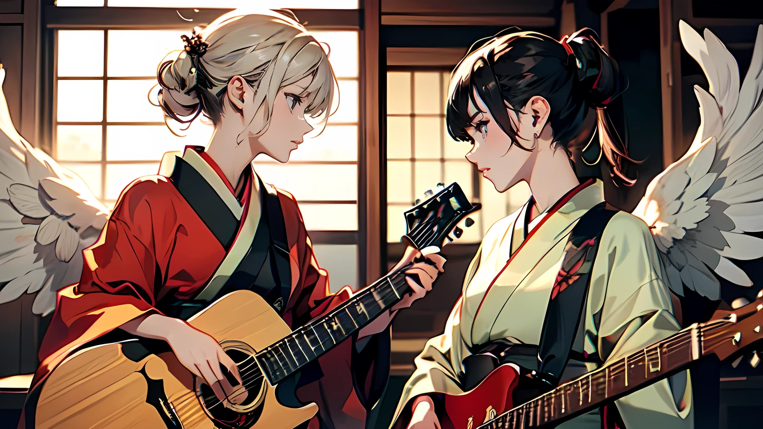 ((full shot))((two angels in kimono facing each other))((one holding a guitar))((one holding a shamisen))((two looking at each other))((profile)), ((each with large wings on their backs)), fantastic and mysterious light.