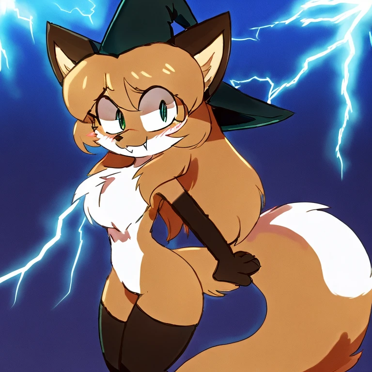 uploaded the e621, beautiful and detailed, woman (((female))) ((anthro)) Fox, (Averi, Fox girl), cinematic lighting, Fox, (anthro, fluffy fur), anthro fox girl, body fur, curvy, sexy, nice, cute, hot, comfortable anime-style cartoon-style, digital drawing, SFW, flat chest, green eyes, nervous smile, sassy, sassy hips, smug, fangs, looking at viewer, simple background, tilted head, leaning sideways, wizard hat, striped thigh highs, holding lightning projectile in hand, lightning projectile, electricity magic