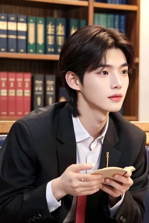 Korean Hot male law school student,  is handsome and intelligent a liftle buffy but not a lot. long dark brown black hair. Looks a little bit like lee jong suk