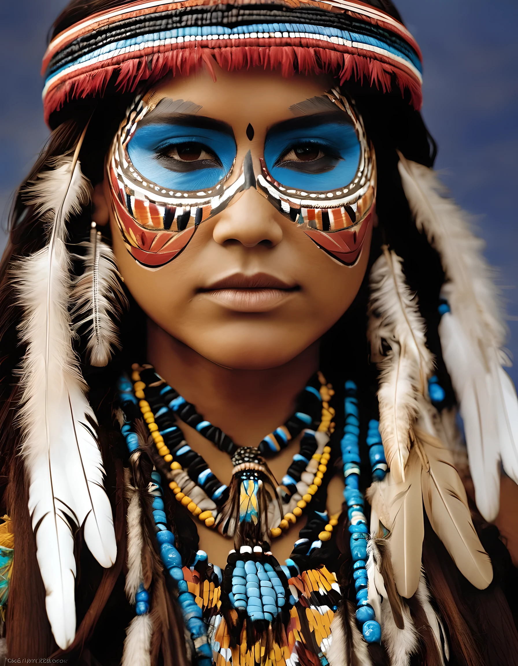 Close-Up of Face, detailed female faces., native American, first nations, Aboriginal, ornaments and accessories made of bird feathers, detailed face painting