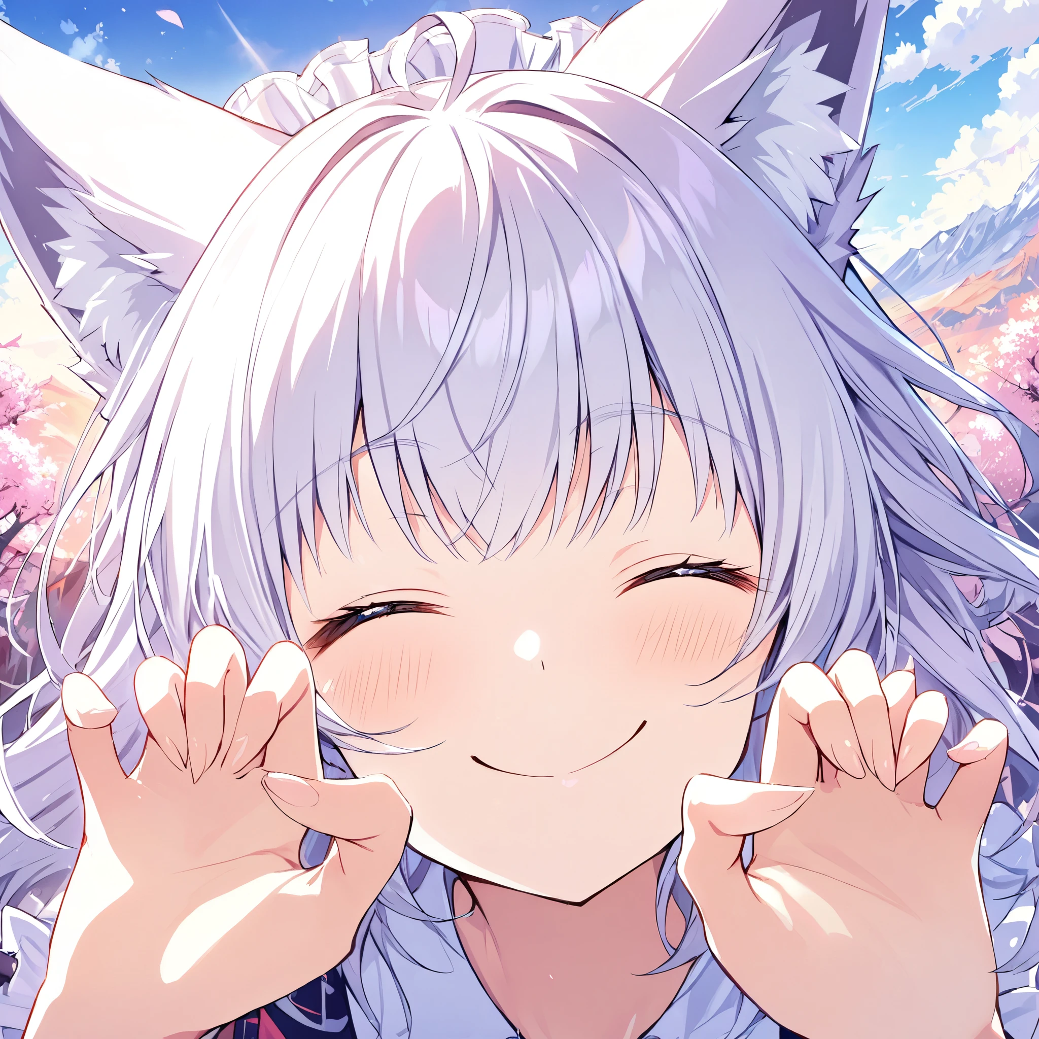 face close-up,fox pose,(((perfect hand))),(Smiling with eyes closed),Spectacular Background,mishiro