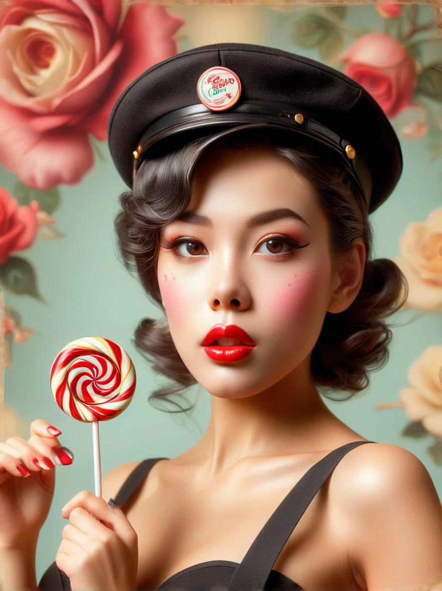 portrait，close up，A young Hispanic woman dressed in pin-up style clothing，Wear a beret on the head，Standing in the foreground with a lollipop in hand。Photos should be warm、Soft lighting captures the essence of women，Inspired by photographs by artists before 1912，These photos emphasize realistic skin details，Include textures、Pores and other typical imperfections of human skin。Use a wide aperture portrait lens，Achieve soft blur effects，With clear focus on the eyes and lips。The overall style of the photo should be retro and nostalgic，Bright and delicate colors。Capture flirting and playful gestures in female facial expressions，To highlight its charming personality。Fujifilm GFX100，85mm Portrait Lens，f/1.4，Soft lighting with gold reflectors，Retro nostalgic photography style，Pin-up girl charm。