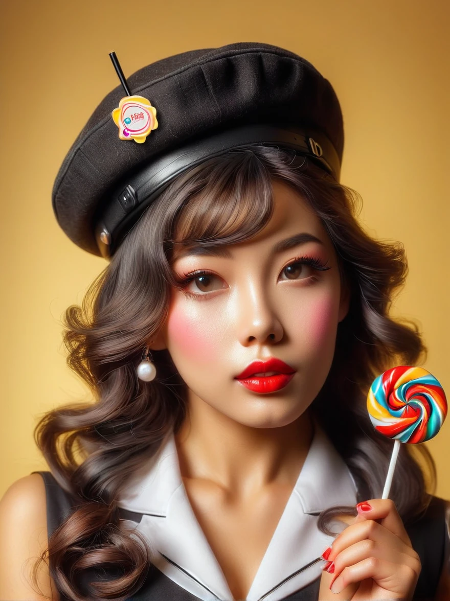 portrait，close up，A young Hispanic woman dressed in pin-up style clothing，Wear a beret on the head，Standing in the foreground with a lollipop in hand。Photos should be warm、Soft lighting captures the essence of women，Inspired by photographs by artists before 1912，These photos emphasize realistic skin details，Include textures、Pores and other typical imperfections of human skin。Use a wide aperture portrait lens，Achieve soft blur effects，With clear focus on the eyes and lips。The overall style of the photo should be retro and nostalgic，Bright and delicate colors。Capture flirting and playful gestures in female facial expressions，To highlight its charming personality。Fujifilm GFX100，85mm Portrait Lens，f/1.4，Soft lighting with gold reflectors，Retro nostalgic photography style，Pin-up girl charm。