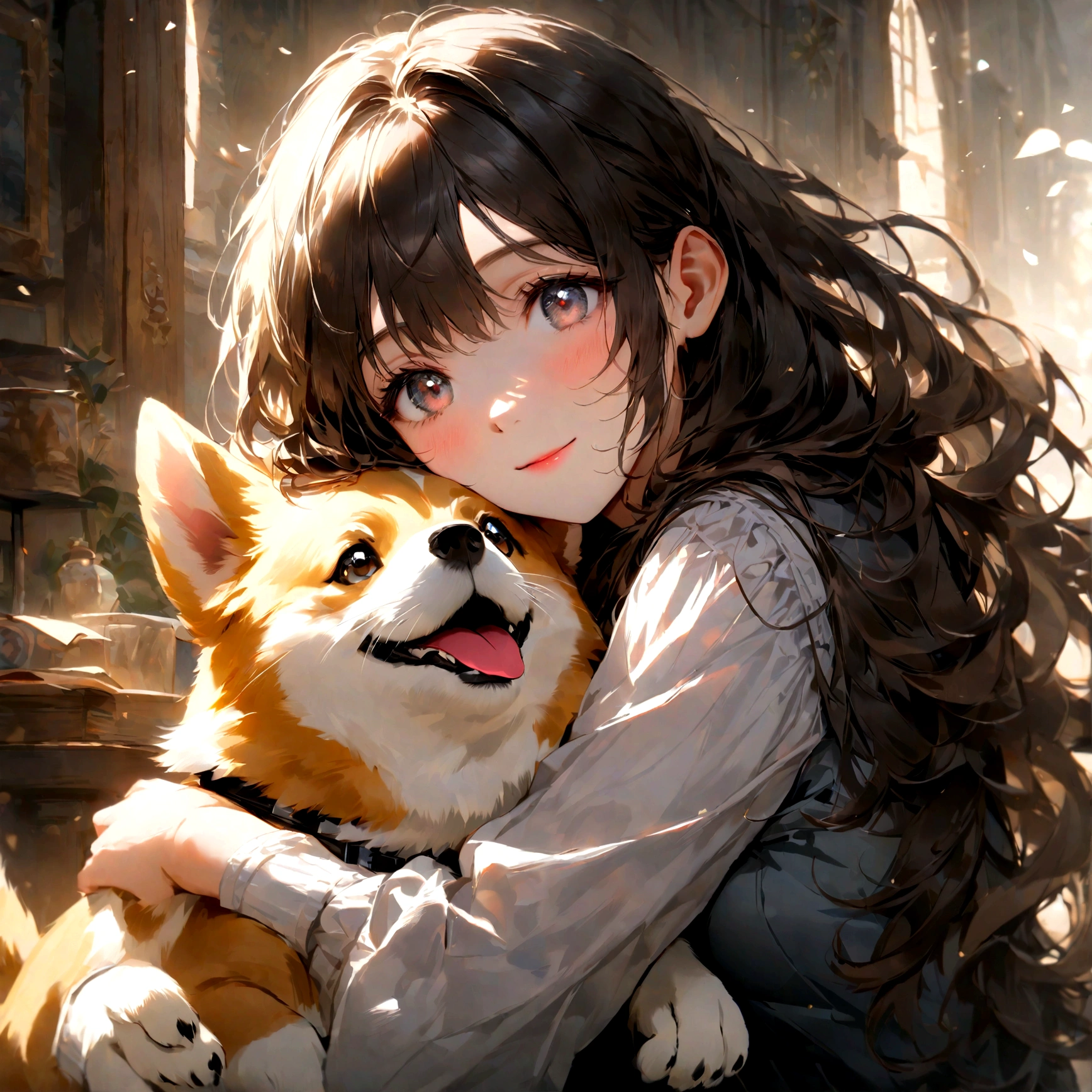 A loving woman embraces her two corgis and a cat in a tender display of affection. The scene is captured with high detail and realism, painted with love in the woman's soft eyes. This photograph taken with a 35mm lens exudes emotion and warmth, showcasing the bond between pets and their owner in rich, vivid detail. The image is a beautiful representation of pure love and connection, rendered with exquisite clarity and depth.