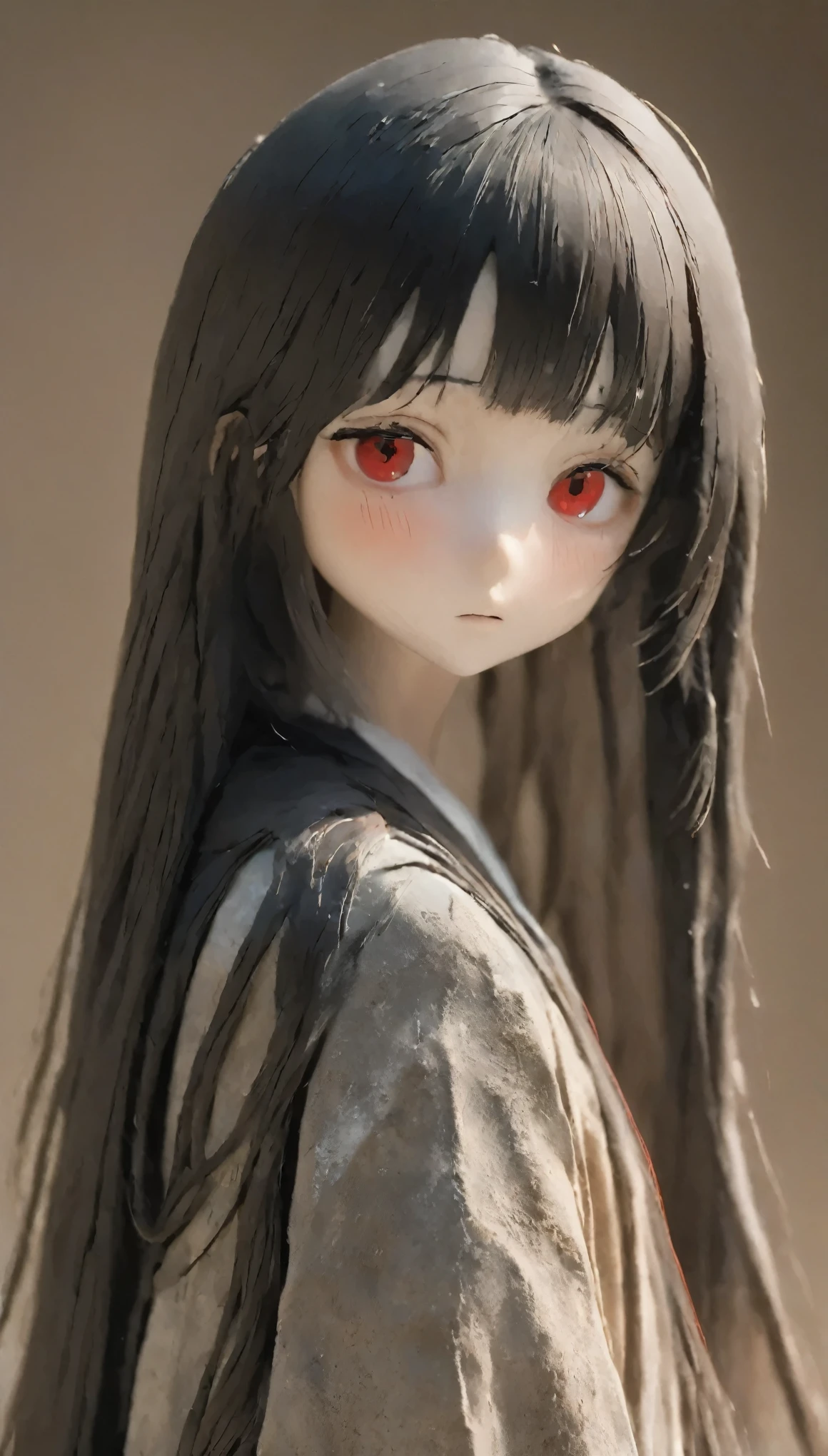 clay, Pottery, Thin fabric, Confused, dirty, mineral pigments, 3D clay sculpture art, clay sculpture, Rough surface,One girl, alone, board member, Black Hair, Red eyes, Long Hair, Blunt bangs, Natural light,(highest quality:1.2),ultra-light clay, woman, womanの身体,Long Hair, Kind expression, close your eyes