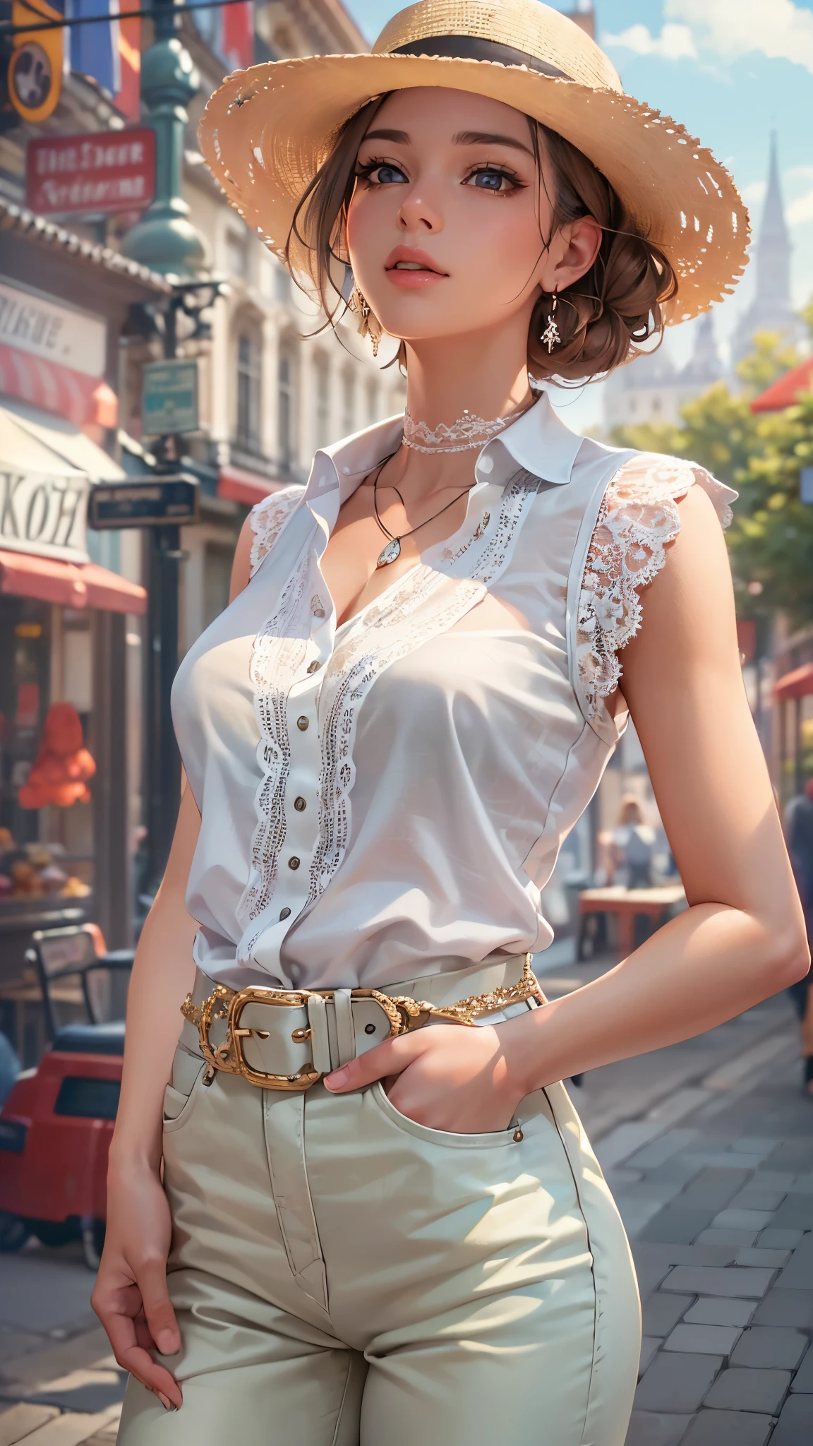 ((highest quality)),(Ultra-high resolution),(Very detailed),(Detailed Description),((The best CG)),(A masterpiece),Ultra-detailed art,Amazing drawing art,(Art with precise detail:1.5), (A woman wearing a white sleeveless blouse with lace:1.4),Lace choker:1.4,Earrings,Straight pants:1.4,Stylish brim hat:1.3, Sunny European cityscape:1.6