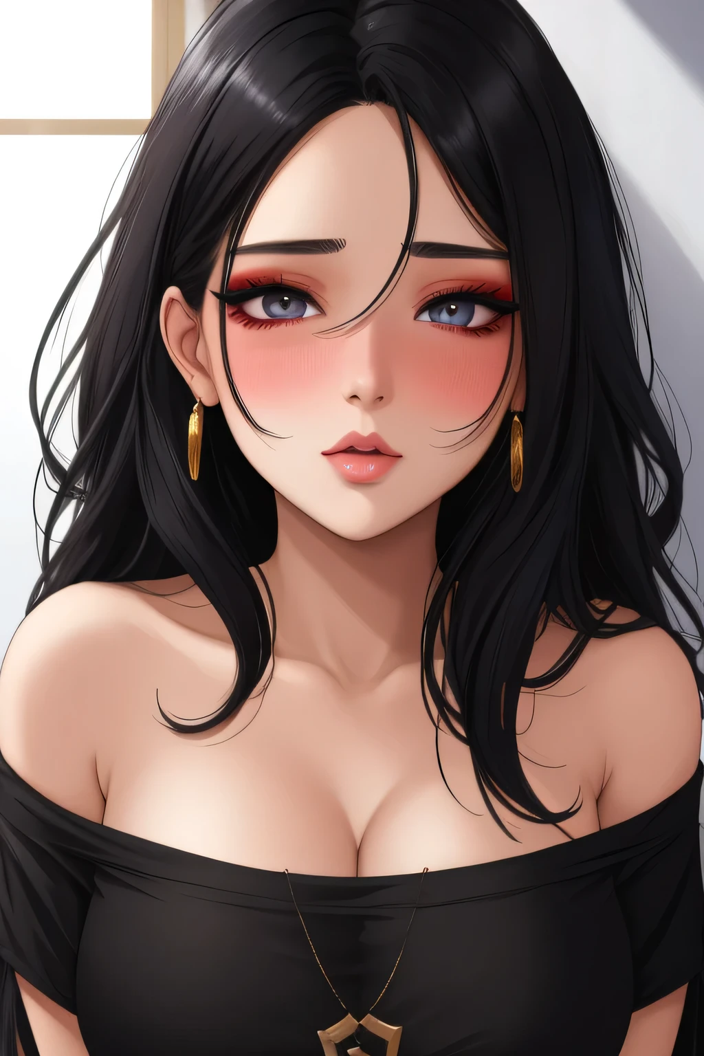 Amazing portrait of a sexy woman with a beautiful face emphasised by amazing makeup and black hair and seductive eyes in an intense gaze with her mouth parted and a deep blush on her face as she's flustered wearing an off shoulder t shirt