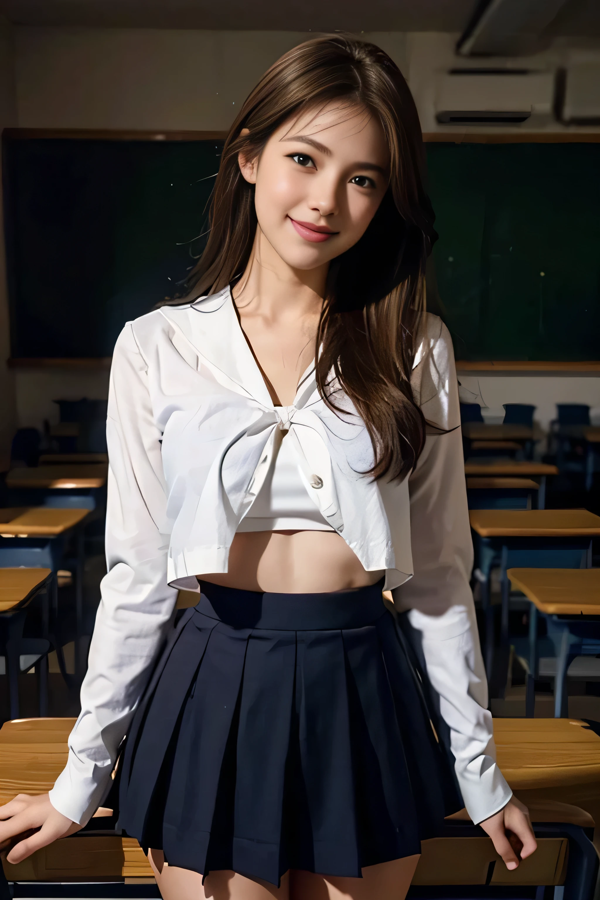 ((Beautiful girls:1.3))((White sailor suit with long sleeves:1.2))((overblouse))((Skirt rip:1.5))((Panty shot:1.5))((high school)) ,((Dark Blue Skirt:1.3)) ((In the classroom:1.3)) ((thin_fabric:1.4)) ((Random sexy poses:1.3)) ((Blushing:1.4)) ((chest:1.2)) ((close:1.2)) highest quality,Tabletop,超A high resolution,(Realistic:1.4),RAW Photos,(Real skin texture:1.3),(Film Grain:1.3),Panorama,Character Portrait,Very wide shot,Tight waist,Cowboy Shot,(In the Dark, Deep Shadow, Low Key, Cold Light,) night,((brown super long hair:1.2)),Tears flow,,Dust,Tyndall effect,(Performance),One Girl,Beautiful and detailed eyes and face,White Jabot,Brown eyes,((Brown Hair:1.2)) ((whole body:1.3)) ((smile:1.3))