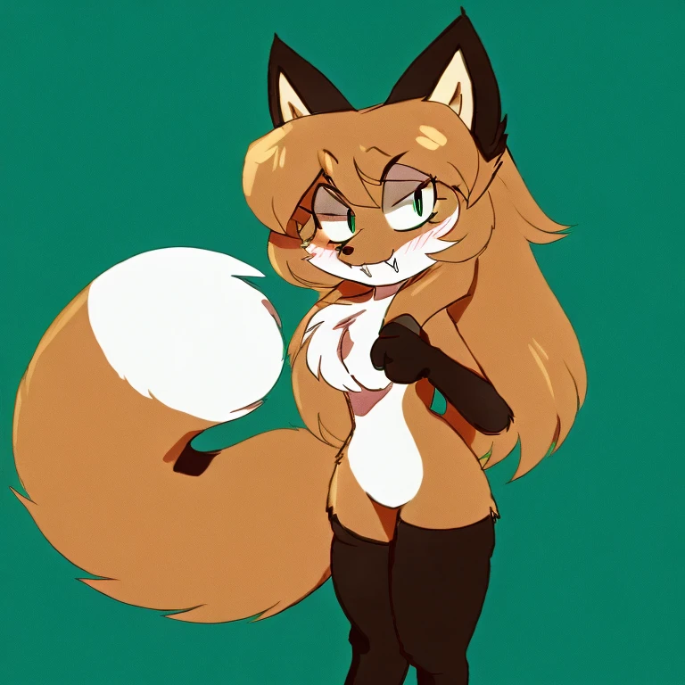 uploaded the e621, beautiful and detailed, woman (((female))) ((anthro)) Fox, (Averi, Fox girl), cinematic lighting, Fox, (anthro, fluffy fur), anthro fox girl, body fur, curvy, sexy, nice, cute, hot, comfortable anime-style cartoon-style, digital drawing, SFW, flat chest, green eyes, nervous smile, sassy, sassy hips, smug, fangs, looking at viewer, simple background, tilted head, leaning sideways, striped thigh highs, holding hand up, sharp claws