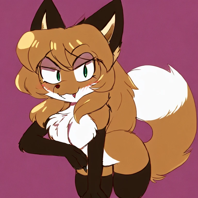 uploaded the e621, beautiful and detailed, woman (((female))) ((anthro)) Fox, (Averi, Fox girl), cinematic lighting, Fox, (anthro, fluffy fur), anthro fox girl, body fur, curvy, sexy, nice, cute, hot, comfortable anime-style cartoon-style, digital drawing, SFW, flat chest, green eyes, nervous smile, sassy, sassy hips, smug, fangs, looking at viewer, simple background, tilted head, leaning sideways, striped thigh highs, holding hand up, sharp claws