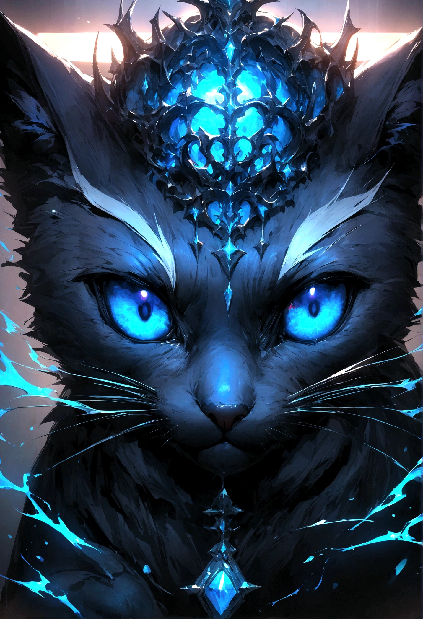 Black cat、Black crown、Beautiful blue eyed cat、Rin々Funny face、beautiful、blue Moon、Lots of blue light、ファンタジーBlack cat，Facial close-up enhancement，AmbiLight，The colors are vivid and bright，Black background，haze，Detailed depiction，Rich details，Explosion of imagination，Surreal，Ultra-realistic，masterpiece，8k，Light，Tyndall effect