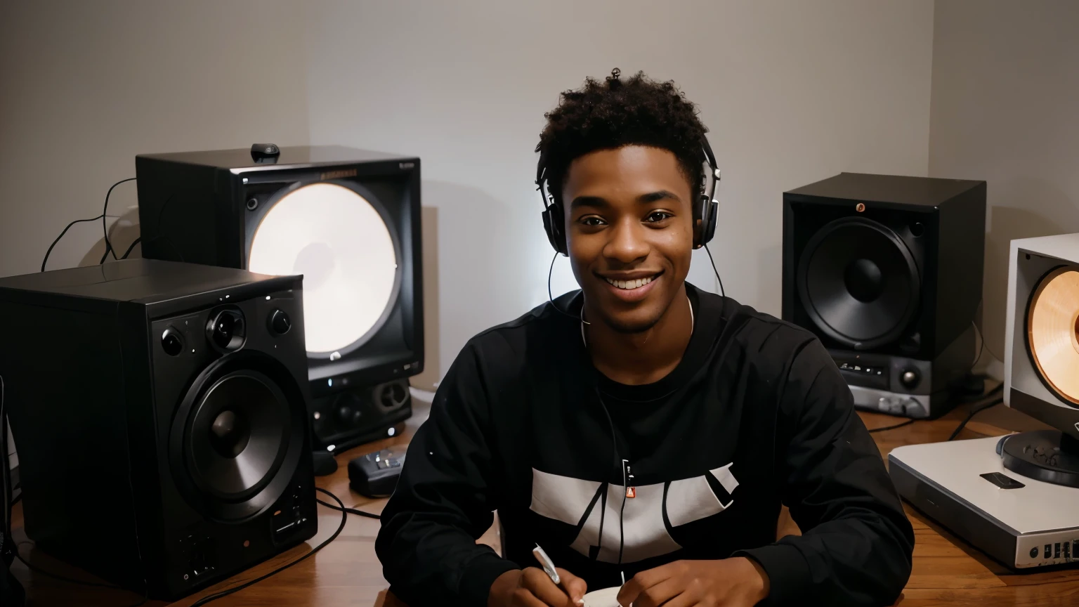 Scenario: A modern web radio room, with microphones, computers and transmission equipment. In the center, a young man of African descent, dressed casually, is sitting in front of a notebook, wearing headphones and looking at the camera with a confident smile.
Details: The room is well lit, with soft lights highlighting the broadcast equipment. The young man has short, curly hair, black skin and is surrounded by elements that refer to the radio, such as vinyl records and signs with the radio logo.