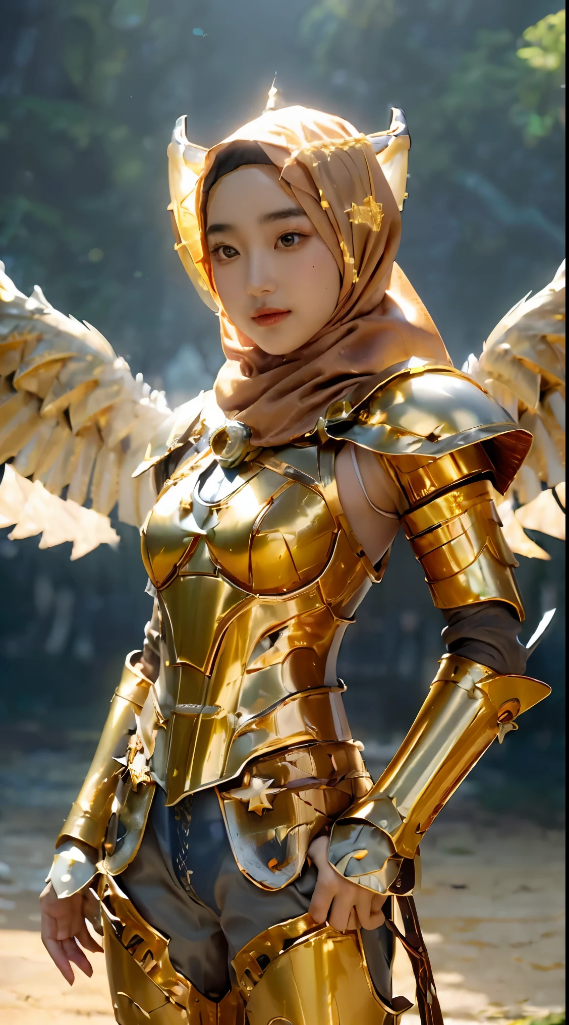 (1 Japan cutes teen with idol style), ((Top  Quality, masterpiece: 1.3)), focusing: 1.2, Perfect body care: 1.4 , (Wearing Hijab:1.2), ((Highly detailed face and skin texture)), Extremely realistic, Ultra detailed, HD, Portrait, 8K, Dressed in white and gold with spread wide big wings, (holding single flaming gold iron swords:1.2), (wearing hijab:1.5), (full iron golden armor:1.5), ornate cosplay, as a mystical valkyrie, the sailor galaxia, beautiful, white and gold priestess robes, anime cosplay, glamourous cosplay, with fiery golden wings, ((full iron trousers armor)), cosplay, professional cosplay, goddess of light, full body angel, cosplayer, perfect makeup, perfect face, beautiful face, beautiful body, arms covered with cloth, thighs covered with cloth, waterfall background, ((body object floating flying in the air:1.2)), foggy, fantasy weather, lightning strikes on either side, dramatic sttudio lighting, The atmosphere looks real, Full body shot, Front angle, ultra realistic, Professional、beautiful detail glow、Depth of bounds written、(((High chroma)))、(((real:1.9)))、((vivid:1.4))、((beautiful skin))、((skin texture))、((Real skin feel))、(((cowboy shot:1.5)))、((Angle seen from the front:1.5)), Front angle shot,