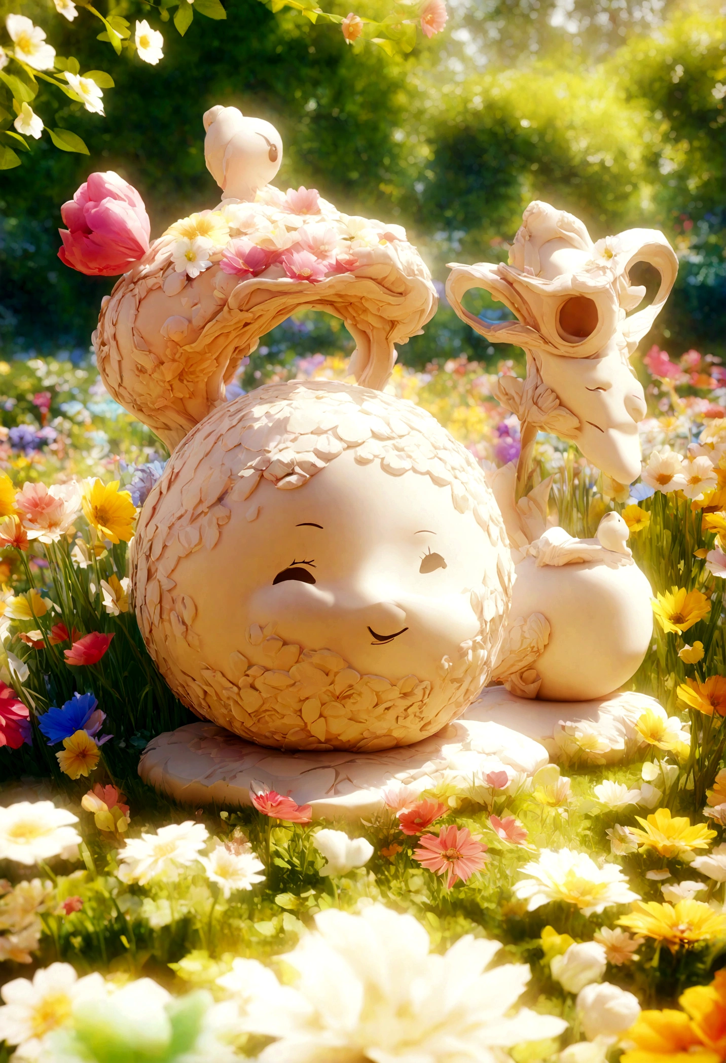 Flowers grew out of a white computer, surrounded by flowers and grass in the style of cinema4d rendering and in the style of clay sculpture, kawaii aesthetic, spring garden, bright colors, with a dreamy atmosphere, blooming colors in bright daylight, virtual reality, fantasy world