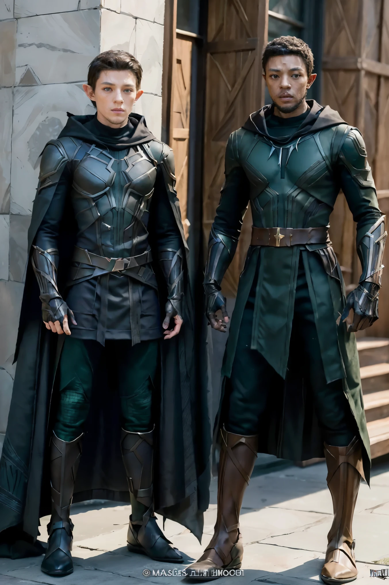 (masterpiece), best quality, expressive eyes, perfect face, ((1 male wood elf)), (green eyes),  fit body, ((black rogue cloak)), pointy ears, short full body, ((Marvel's BlackPanther inspired costume)), tom holland, 
, (CharacterSheet:1), (, reference sheet:1)