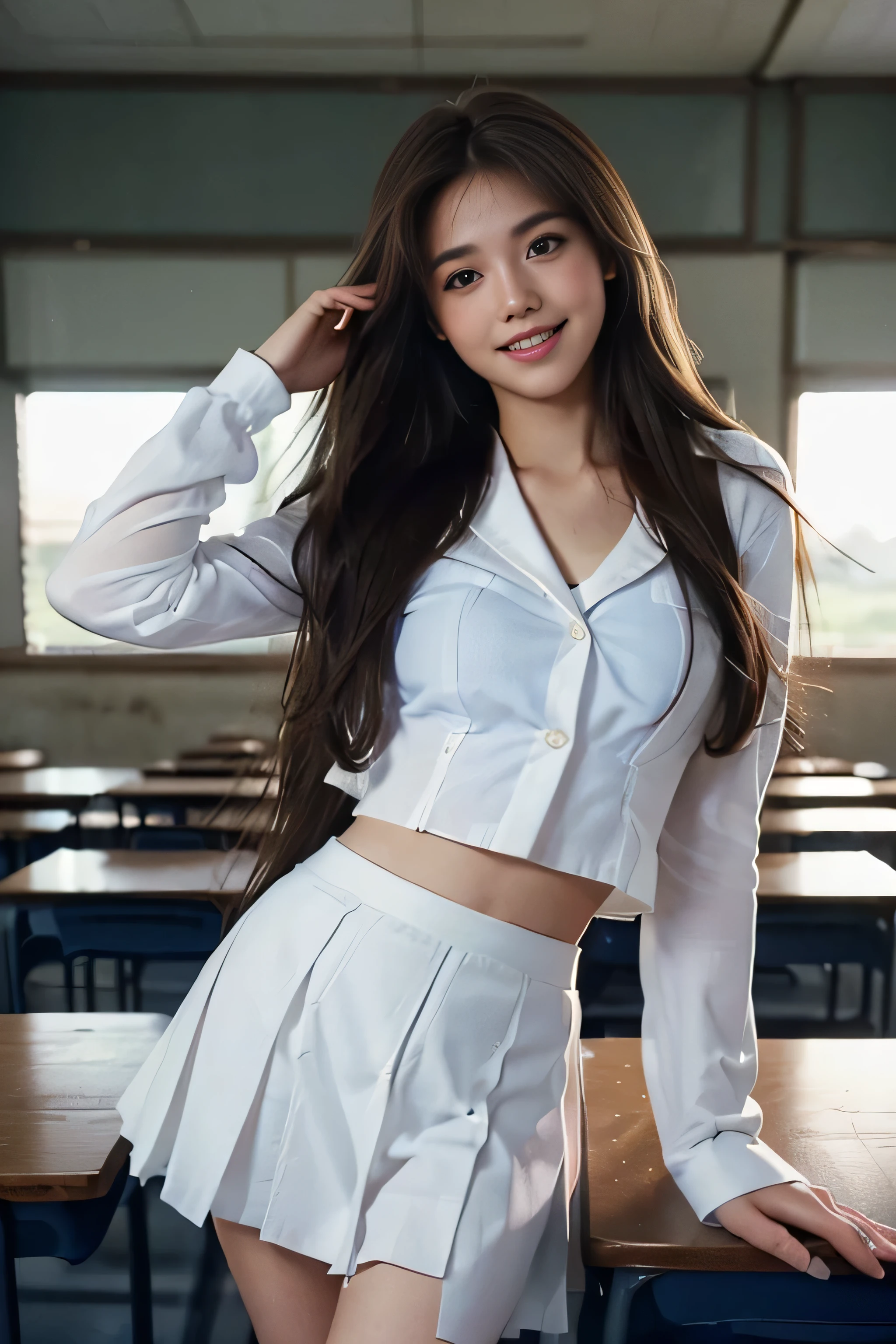 ((Beautiful girls:1.3))((White sailor suit with long sleeves:1.2))((overblouse))((Skirt rip:1.5))((Panty shot:1.5))((high school)) ,((Dark Blue Skirt:1.3)) ((In the classroom:1.3)) ((thin_fabric:1.4)) ((Random sexy poses:1.3)) ((Blushing:1.4)) ((chest:1.2)) ((close:1.2)) highest quality,Tabletop,超A high resolution,(Realistic:1.4),RAW Photos,(Real skin texture:1.3),(Film Grain:1.3),Panorama,Character Portrait,Very wide shot,Tight waist,Cowboy Shot,(In the Dark, Deep Shadow, Low Key, Cold Light,) night,((brown super long hair:1.2)),Tears flow,,Dust,Tyndall effect,(Performance),One Girl,Beautiful and detailed eyes and face,White Jabot,Brown eyes,((Brown Hair:1.2)) ((whole body:1.3)) ((smile:1.3))