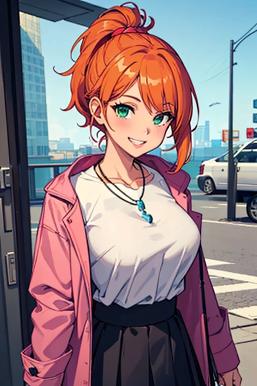 (((pixel-perfect, detail-perfect))), solo, 1girl, grace delaney(criminal case), orange hair, eye green, ponytail, jacket white, open jacket, skirt black, shirt pink, necklace, lips red, smile, grin