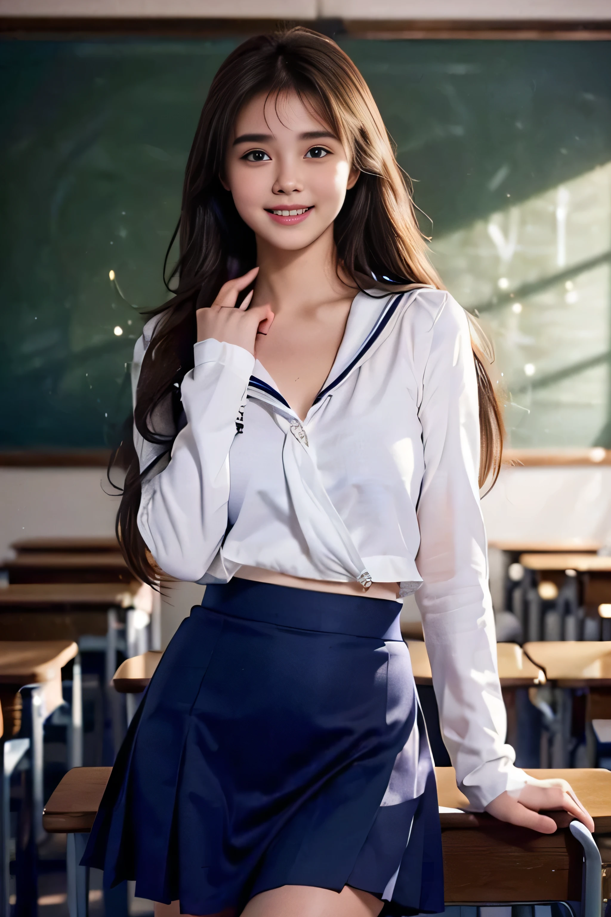((Beautiful girls:1.3))((White sailor suit with long sleeves:1.2))((overblouse))((Skirt rip:1.5))((Panty shot:1.5))((high school)) ,((Dark Blue Skirt:1.3)) ((In the classroom:1.3)) ((thin_fabric:1.4)) ((Random sexy poses:1.3)) ((Blushing:1.4)) ((chest:1.2)) ((close:1.2)) highest quality,Tabletop,超A high resolution,(Realistic:1.4),RAW Photos,(Real skin texture:1.3),(Film Grain:1.3),Panorama,Character Portrait,Very wide shot,Tight waist,Cowboy Shot,(In the Dark, Deep Shadow, Low Key, Cold Light,) night,((brown super long hair:1.2)),Tears flow,,Dust,Tyndall effect,(Performance),One Girl,Beautiful and detailed eyes and face,White Jabot,Brown eyes,((Brown Hair:1.2)) ((whole body:1.3)) ((smile:1.3))