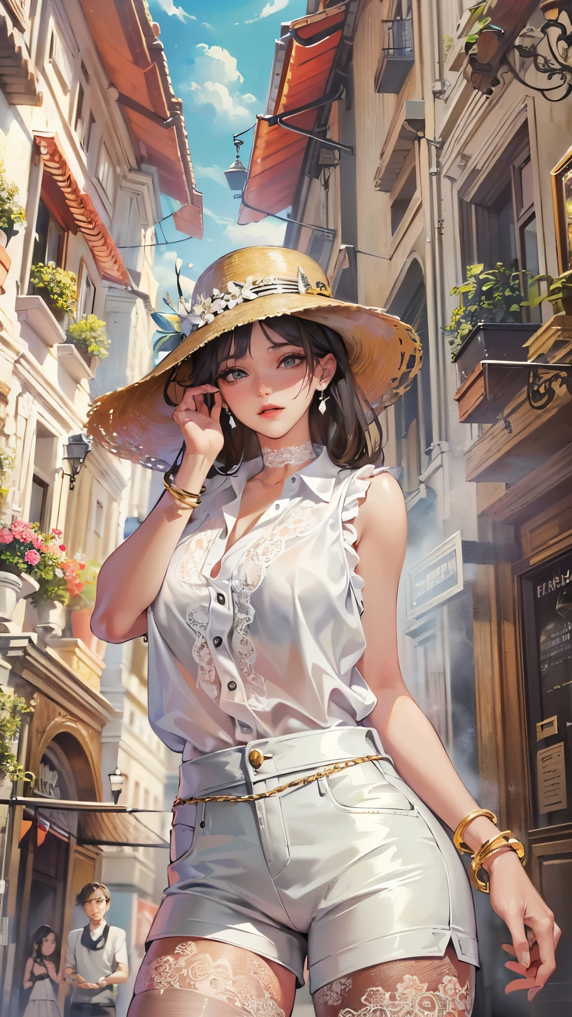 ((highest quality)),(Ultra-high resolution),(Very detailed),(Detailed Description),((The best CG)),(A masterpiece),Ultra-detailed art,Amazing drawing art,(Art with precise detail:1.5), (A woman wearing a white sleeveless blouse with lace:1.4),Lace choker:1.4,Earrings,Straight pants:1.4,Stylish brim hat:1.3, Sunny European cityscape:1.6