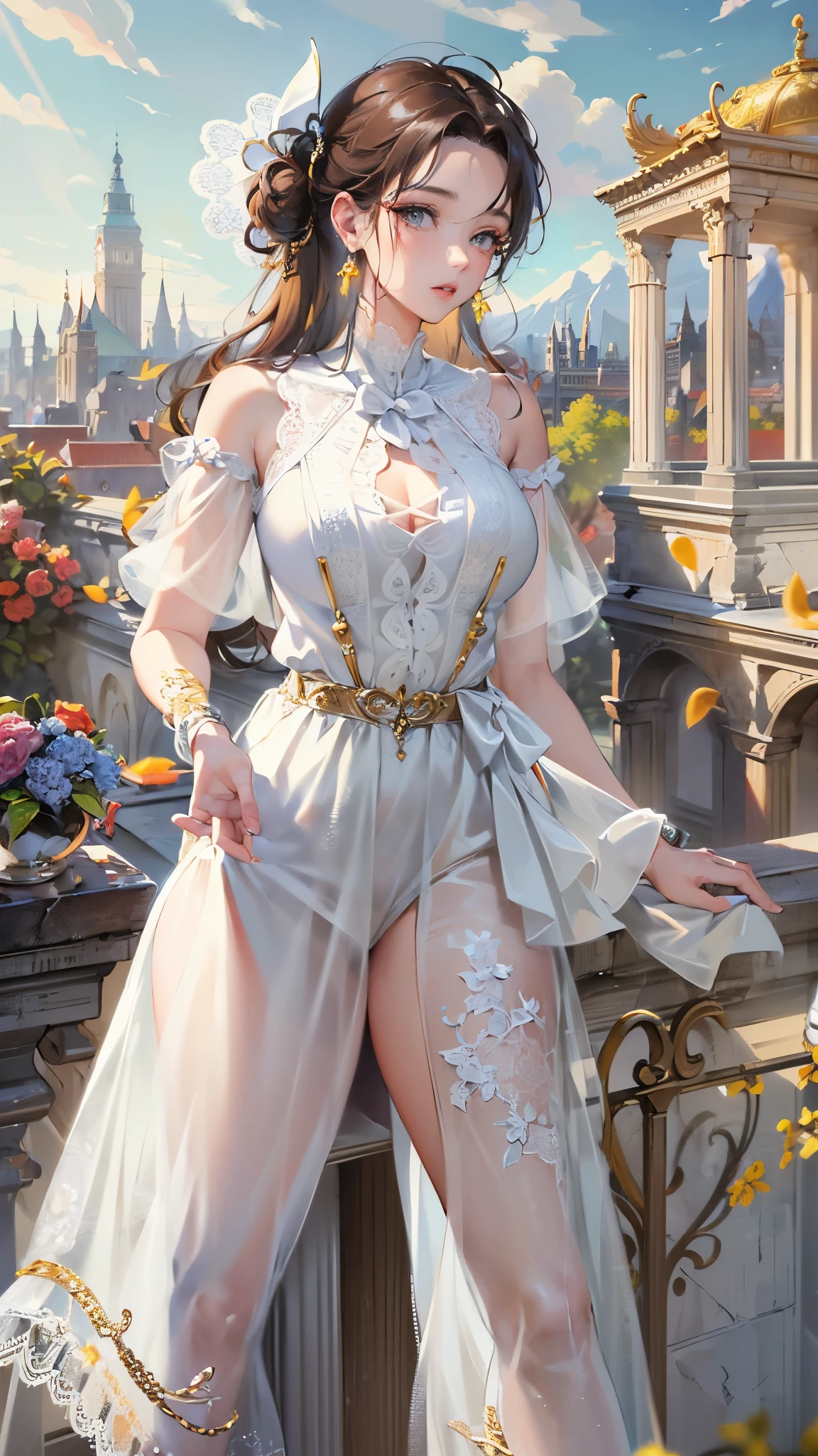 ((highest quality)),(Ultra-high resolution),(Very detailed),(Detailed Description),((The best CG)),(A masterpiece),Ultra-detailed art,Amazing drawing art,(Art with precise detail:1.5), (A woman wearing a white sleeveless blouse with lace:1.4),Lace choker:1.4,Earrings,Straight pants:1.4,Stylish brim hat:1.3, Sunny European cityscape:1.6