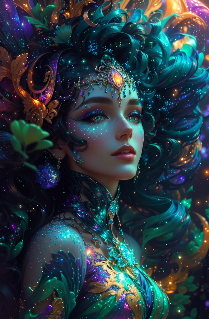 Close-up of a woman with a body, covered in glitter, colorful digital fantasy art, Highly detailed 4k digital art, fantasy art behance, beautiful digital images, Octane render in Art Nouveau style, iridescent # figurativerealism, Fantasy close-up with water magic, complex digital painting, 3d digital art 4k, beautiful art UHD 4K