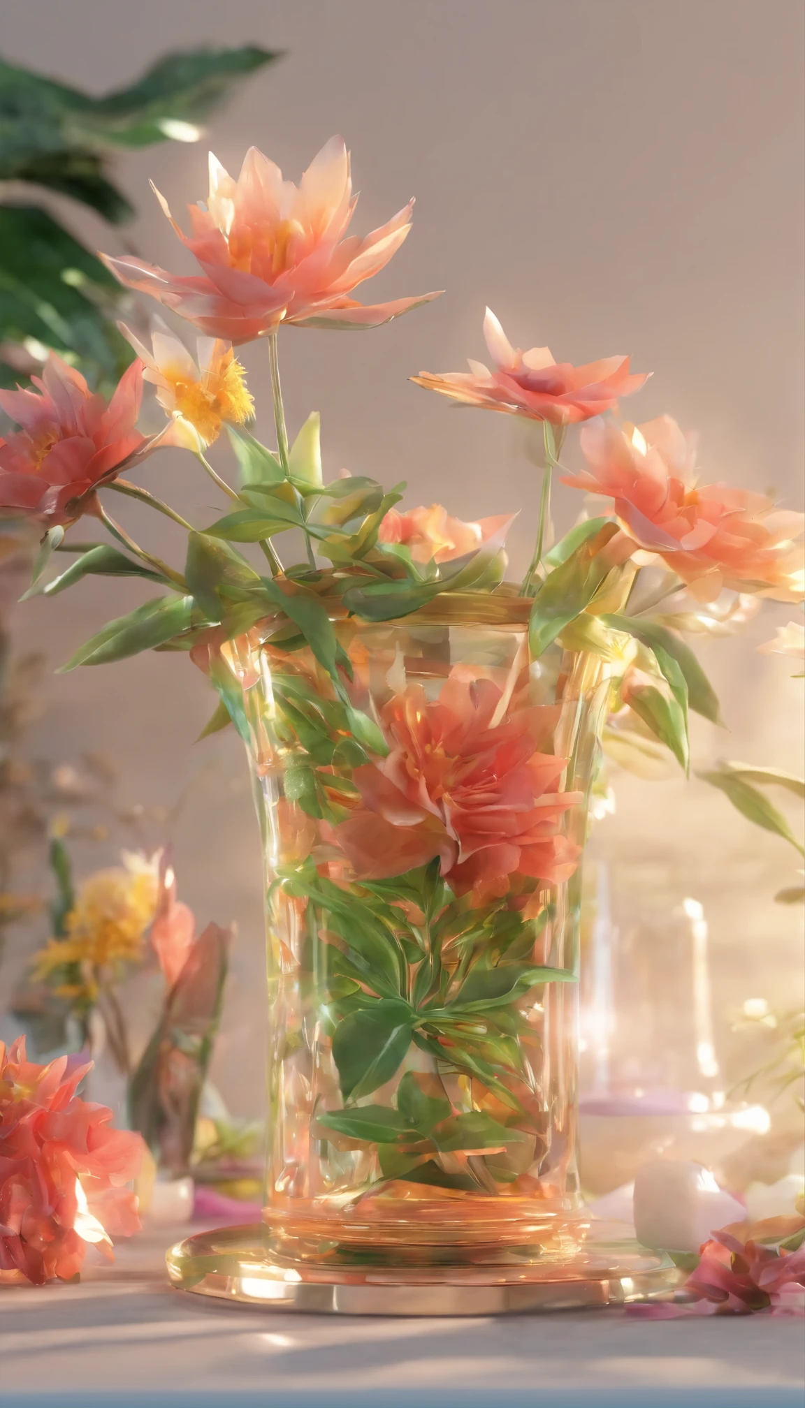 clear water cup in the middle，Surrounded by a floral and botanical environment.
