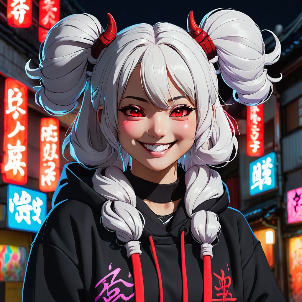 detailed background, masterpiece, best quality, smile, nakiri ayame, streaked hair, oni horns, white hair, twin buns, red eyes, smile, hoodie, portrait, neon, graffiti, dark, night, glowing eyes, blacklight