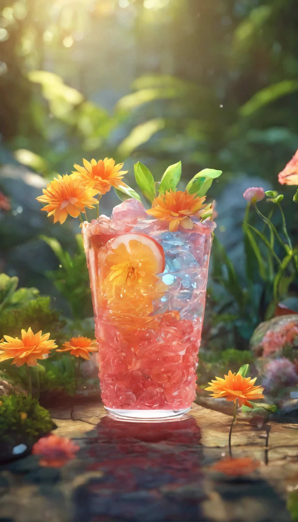 clear water cup in the middle,Surrounded by a floral and botanical environment.