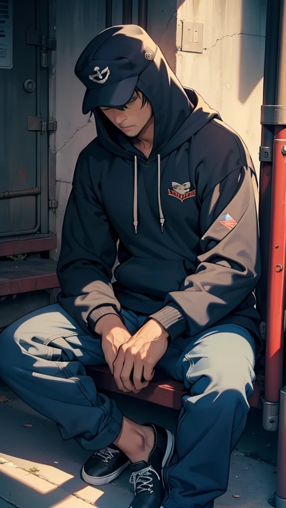 Lonely a man 40 yr, wear trucket hat, wear navy hoodie, sitting in contemplation