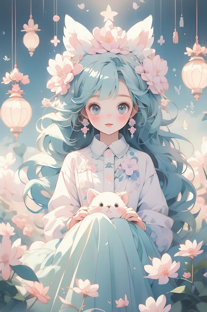 (pastel colour:1.2)、(Cute illustrations:1.2)、(pretty girl)、fluffyドレス、Dream world、flower、fluffy