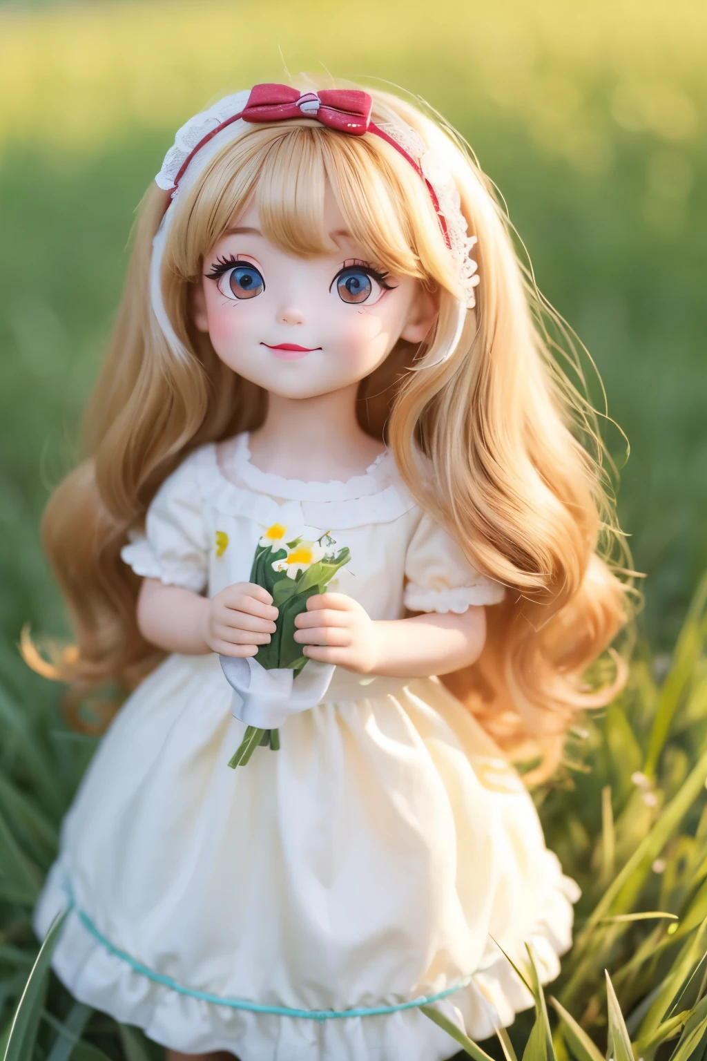Long Hair Miniature Dachshund, Cream hair color, Little curl, The background is a grassland, Cartoon Style