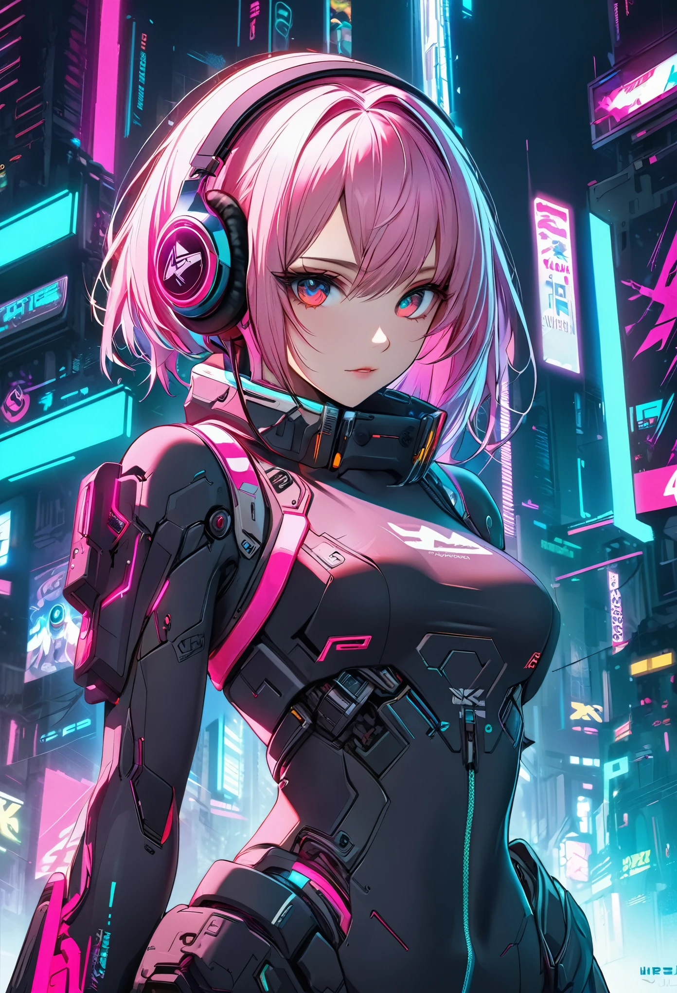 anime girl with pink hair and headphones in front of a neon background, cyberpunk anime girl, best anime 4k konachan wallpaper, digital cyberpunk anime art, anime cyberpunk art, digital cyberpunk - anime art, female cyberpunk anime girl, cyberpunk anime girl mech, anime style 4 k, perfect android girl, cyberpunk anime art, modern cyberpunk anime, anime cyberpunk, nightcore
