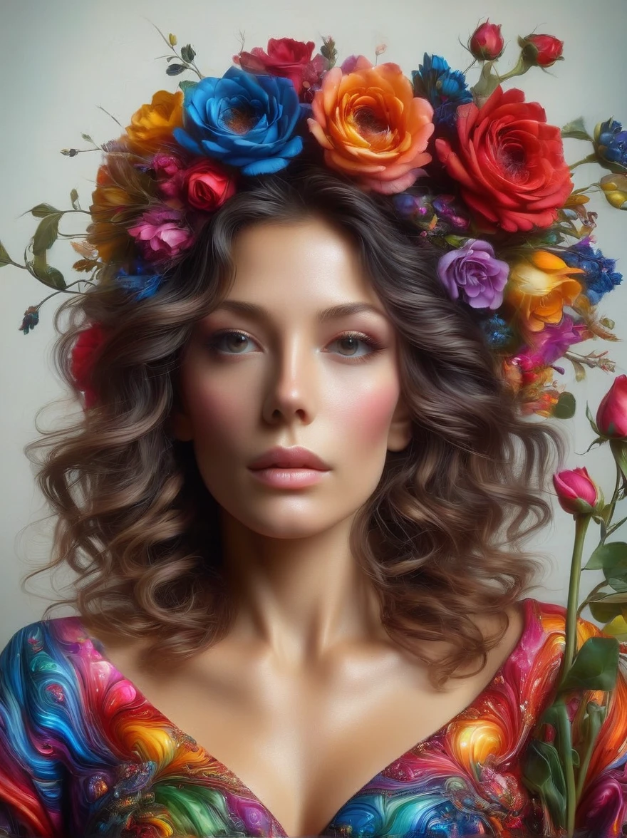 Generate a high-quality, ultra photo-realistic image in intense colors. The subject should be a 40-year-old Caucasian woman who bears an intelligent look. She should be adorned with colorful waxy layers, possibly suggestive of flowers and other embellishments. The portrait should maintain an exceptional level of detail. It is supposed to be a self-portrait shot in the style of portraiture photography typically seen executed with a quality lens such as the Fujifilm XF 56mm.