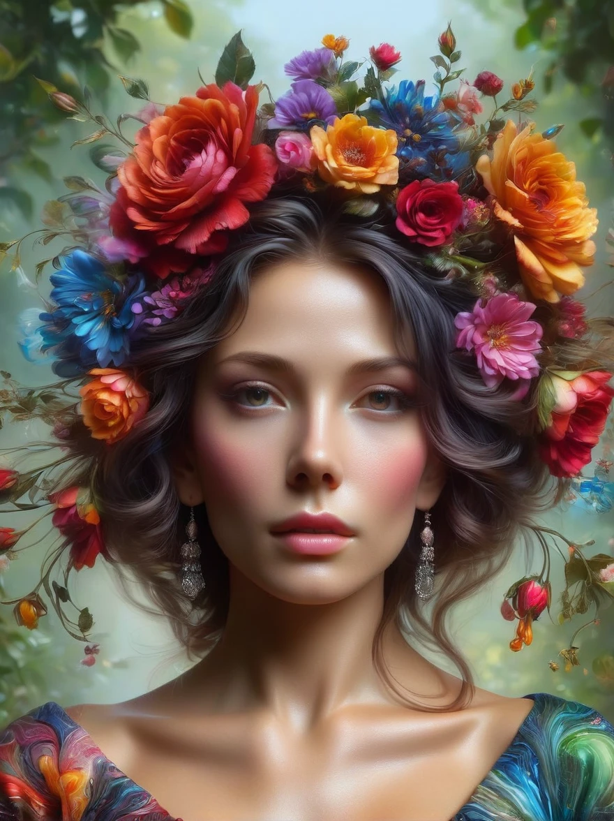 Generate a high-quality, ultra photo-realistic image in intense colors. The subject should be a 40-year-old Caucasian woman who bears an intelligent look. She should be adorned with colorful waxy layers, possibly suggestive of flowers and other embellishments. The portrait should maintain an exceptional level of detail. It is supposed to be a self-portrait shot in the style of portraiture photography typically seen executed with a quality lens such as the Fujifilm XF 56mm.